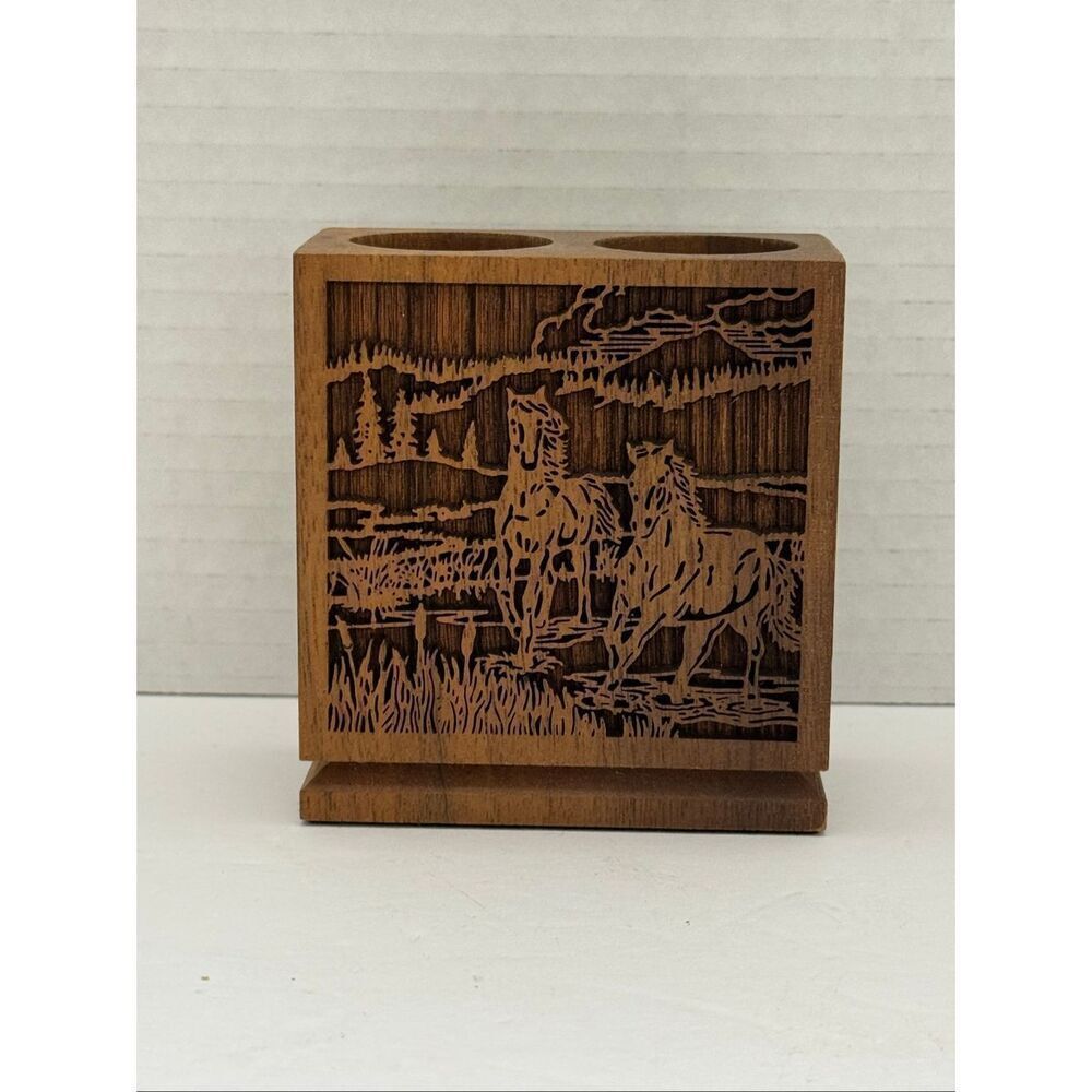 Lasercraft Solid American Oak Laser Engraved Wood Horse Pencil Pen Holder